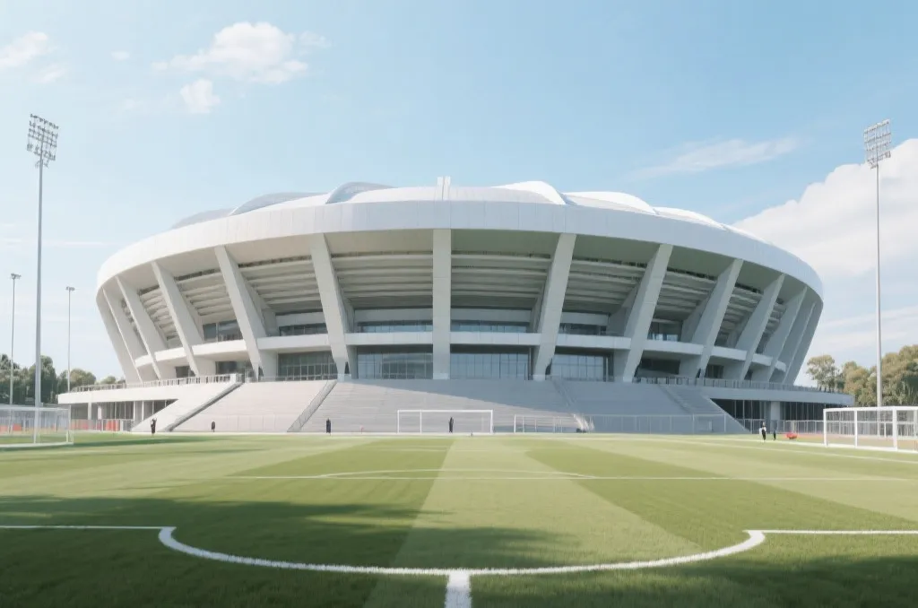 An editorial wide-angle view of a generic modern soccer stadium exterior, daytime, architectural visualization, clean design